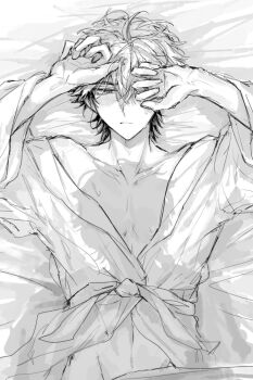 2boys arms_up bathrobe bed_sheet blush closed_mouth covering_one_eye greyscale hair_between_eyes highres long_sleeves looking_at_viewer lying male_focus monochrome multiple_boys on_back on_bed one_eye_covered robe shadow shiguang_dailiren short_hair sketch sorry_okk sweat xia_fei yaoi