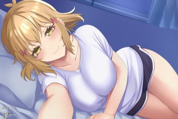 1girl ahoge bed blonde_hair breasts commentary_request highres large_breasts light_blush lying oilen0731 on_side selfie senki_zesshou_symphogear shirt shorts sidelocks signature smile tachibana_hibiki_(symphogear) thighs white_shirt yellow_eyes