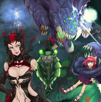 2girls animal_ears annie_(league_of_legends) arthropod_girl bad_id bad_pixiv_id baron_nashor black_hair breasts cleavage elise_(league_of_legends) fiddlesticks green_eyes hand_on_own_hip highres insect_girl large_breasts league_of_legends long_hair monster_girl multiple_girls navel pink_hair poppy_(league_of_legends) red_hair scofa short_hair spider_girl talon_(league_of_legends) yordle