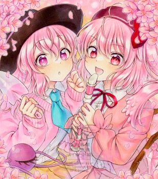 Rule 34 | 2girls, adversarial noise, alternate color, alternate costume, alternate hair color, alternate headwear, alto2019, beret, black hat, blue necktie, cardigan, cherry blossoms, collared shirt, commentary request, crystal, crystal wings, eyeball, falling petals, flandre scarlet, flandre scarlet (vibrant sister of the devil), flower, flute, hat, highres, holding, holding flute, holding instrument, holding trowel, instrument, jacket, komeiji koishi, komeiji koishi (blossomed eyes of love), long sleeves, looking at viewer, multiple girls, neck ribbon, necktie, open clothes, open jacket, open mouth, petals, pink cardigan, pink eyes, pink flower, pink hair, pink jacket, pink petals, pink skirt, pleated skirt, recorder, red ribbon, ribbon, sample watermark, school uniform, shirt, signature, skirt, third eye, touhou, touhou lostword, trowel, watermark, watermark grid, white shirt, wings, yellow skirt