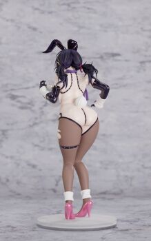 1girl 3d animal_ears ass barcode barcode_tattoo black_gloves black_hiphighs breasts brown_dust_(series) brown_dust_2 cleavage elbow_gloves fake_animal_ears fake_tail figure from_behind full_body gloves heart_maebari high_heels highres hiphighs huge_breasts illlrabbit large_variant_set latex latex_gloves leg_tattoo loen_(brown_dust_2) loen_(celebrity_bunny)_(brown_dust_2) maebari pantyhose pink_shoes purple_hair rabbit_ears rabbit_tail reverse_bunnysuit reverse_outfit shoes short_twintails solo stiletto_heels tail tattoo thigh_strap torn_clothes torn_hiphighs torn_pantyhose twintails variant_set