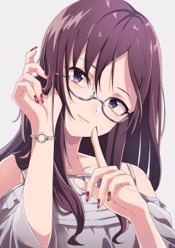 Rule 34 | 1girl, absurdres, bare shoulders, blouse, blue eyes, blush, breasts, brown hair, female focus, glasses, grey background, grey shirt, hand in own hair, head tilt, highres, idolmaster, idolmaster cinderella girls, long hair, looking at viewer, medium breasts, mek number, nail art, nail polish, parted lips, purple eyes, red nails, shirt, sidelocks, simple background, smile, solo, upper body, wristband, yagami makino