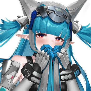 1girl arknights arknights:_endfield armor bare_shoulders blue_gloves blue_hair blunt_bangs blush commentary covered_mouth covering_own_mouth diamond-shaped_pupils diamond_(shape) embarrassed english_commentary gloves highres holding holding_own_hair irkawaza last_rite_(arknights) long_hair looking_at_viewer pointy_ears red_eyes simple_background solo symbol-shaped_pupils upper_body white_background