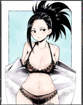 1girl artist_name averting_eyes black_bra black_eyes black_hair black_panties blue_background boku_no_hero_academia bra breasts cleavage collarbone commentary english_commentary floral_print large_breasts long_hair navel panties parted_lips relaxjon solo underwear yaoyorozu_momo