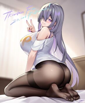 1girl absurdres ass blurry blush bra bra_strap bra_visible_through_clothes breasts clothes_writing commentary crossed_bangs curtains dc_(doughertyevans) english_text feet from_side hair_over_one_eye hand_up highres large_breasts long_hair looking_at_viewer milestone_celebration off-shoulder_shirt off_shoulder original panties panties_under_pantyhose pantyhose parted_lips purple_bra purple_eyes purple_hair purple_nails see-through_silhouette seiza shirt signature single_bare_shoulder sitting smile soles solo thighband_pantyhose thighs toe_seam toes underwear very_long_hair white_shirt window