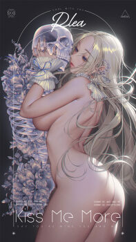 1girl absurdres ass blonde_hair blue_eyes breasts completely_nude dark_background english_text eyelashes forehead from_side gradient_background highres large_breasts lips long_hair love_cacao nude original parted_lips skeleton subtitled thighs watermark wrist_cuffs