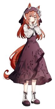 1girl animal_ears blush bow breasts brown_hair closed_mouth dress ear_ribbon full_body hair_between_eyes horse_ears horse_girl horse_tail long_hair long_sleeves looking_at_viewer migolu multicolored_hair red_dress red_eyes red_veil shoes simple_background smile solo still_in_love_(casual)_(umamusume) still_in_love_(umamusume) streaked_hair tail umamusume veil white_background white_hair