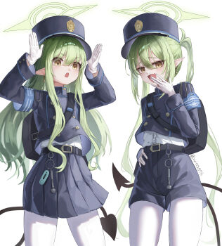 2girls :d \||/ absurdres armband artistic_error belt black_belt black_jacket black_shorts black_skirt black_tail blue_archive blue_armband blue_hair buttons commentary cowboy_shot demon_girl demon_tail double-breasted downturned_eyes earrings eyes_visible_through_hair fang film_grain from_below furrowed_brow gloves green_hair green_halo hair_between_eyes halo hand_up hat highres hikari_(blue_archive) jacket jewelry korean_commentary laughing lazy_jeyuk_bokkeum long_hair looking_at_viewer making_faces miniskirt multiple_girls nozomi_(blue_archive) open_mouth pantyhose peaked_cap pleated_skirt pointy_ears rabbit_pose revision shirt short_shorts shorts siblings sidelocks simple_background sisters skin_fang skirt smile tail tareme thick_eyebrows train_conductor tsurime twins twintails twitter_username v-shaped_eyebrows very_long_hair white_background white_gloves white_pantyhose white_shirt yellow_eyes