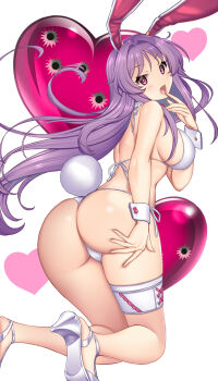 1girl :o animal_ears ass ass_focus backlighting beach bikini breasts bullet_hole commentary_request day finger_to_mouth foot_out_of_frame grabbing_own_ass hair_intakes halterneck hand_on_own_ass hand_up hataraki_kuma heart highres horizon large_breasts legs looking_at_viewer looking_back nontraditional_playboy_bunny outdoors panties playboy_bunny_bikini purple_eyes purple_hair rabbit_ears rabbit_tail reisen_udongein_inaba side-tie_bikini_bottom sideboob solo string_bikini surprised swimsuit tail thighs touhou underwear water