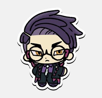 1boy black-framed_eyewear black_jacket black_pants chibi chibi_only closed_mouth collared_shirt corbeau_(pokemon) eneko_(olavcnkrpucl16a) full_body glasses highres jacket long_sleeves male_focus necktie nintendo open_clothes open_jacket outline pants pokemon pokemon_legends:_z-a purple_shirt round_eyewear shirt shoes solo white_necktie yellow_eyes