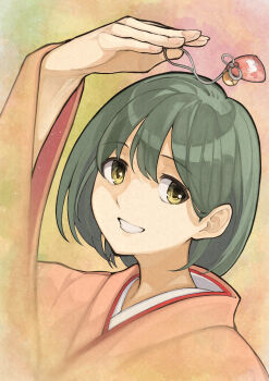 1girl absurdres arm_up colorful_background commentary fingernails gradient_background green_hair highres holding_kinchaku idolmaster idolmaster_shiny_colors japanese_clothes kimono kinchaku long_sleeves looking_to_the_side nanakusa_nichika open_mouth pink_kimono pouch short_hair smile solo upper_body wide_sleeves yellow_eyes yuko_ka_eru
