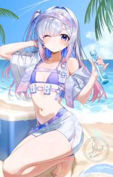 1girl adapted_costume adversarial_noise amane_kanata amane_kanata_(heavenly_guard_mission) barefoot beach belt bikini bikini_under_clothes blue_belt blue_bikini blue_hair blue_nails blue_sky chest_harness closed_mouth cloud colored_inner_hair cropped_jacket day flat_chest gradient_hair grey_hair hands_up harness highleg highleg_bikini highres hololive jacket jacket_over_swimsuit light_smile long_hair looking_at_viewer miniskirt multicolored_hair nail_polish official_alternate_hairstyle one_eye_closed one_side_up outdoors palm_leaf pink_hair purple_eyes quilted_jacket short-sleeved_jacket short_sleeves single_off_shoulder skirt sky smallpine_7 solo swimsuit toenail_polish toenails virtual_youtuber visor_cap white_jacket