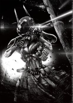 1girl aiming ammunition_pouch assault_rifle belt breasts bullet_hole casing_ejection cleavage coat commentary cyberpunk cyborg debris deviantart_username email_address english_commentary fake_horns firefight flashlight floating_clothes gloomflower greyscale gun hatching hatching_(texture) hentai-foundry_username highres holding holding_gun holding_weapon horned_headwear horns laser_sight linear_hatching lineart long_coat magazine_(weapon) mechanical_arms medium_breasts monochrome multiple_belts open_clothes open_coat original patreon_username pouch rifle science_fiction shell_casing signature smoke smoking_barrel solo standing suppressor twitter_username under_fire veil walking weapon weapon_request