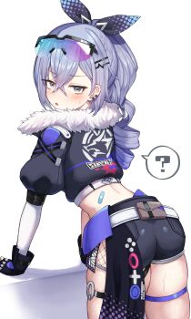 1girl ? absurdres ass bandaid_on_back bent_over black_gloves black_jacket black_shorts blush bow commentary drill_hair drill_ponytail eyewear_on_head fingerless_gloves fishnet_shorts fur_trim gloves gradient-tinted_eyewear grey_eyes grey_hair hair_bow hair_ornament hairclip highres honkai:_star_rail honkai_(series) jacket long_hair looking_at_viewer looking_back ponytail purple-tinted_eyewear scarf shorts silver_wolf_(honkai:_star_rail) single_drill single_sleeve skindentation sweat symbol-only_commentary thigh_strap tinted_eyewear yamato_(muchuu_paradigm)