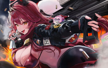 2girls absurdres ass bikini black_gloves black_jacket black_shorts blance blush breasts doro_(nikke) fang fingerless_gloves fire firing gloves goddess_of_victory:_nikke gun hair_between_eyes hair_bun highres holding holding_gun holding_weapon huge_breasts jacket long_hair looking_at_viewer machine_gun multiple_girls open_clothes open_jacket open_mouth pink_hair purple_eyes red_bikini red_eyes red_hair red_hood_(nikke) red_scarf scarf shorts single_side_bun skin_fang swimsuit weapon