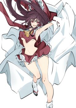 1girl absurdres arm_up armpits ascot bare_legs breasts brown_hair commentary_request cropped_shirt detached_sleeves frilled_hair_tubes frilled_sailor_collar frills hair_tubes hakurei_reimu highres long_hair looking_at_viewer medium_breasts navel red_eyes red_shirt red_skirt sailor_collar sandals shirt simple_background skirt sleeveless sleeveless_shirt smile socks solo stomach tabi touhou unanooo_(fthx7532) underboob white_background white_sailor_collar white_socks yellow_ascot zouri