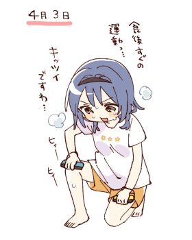 1girl :d barefoot black_hairband blue_hair blush_stickers braid brown_eyes controller full_body furutani_himawari game_controller hairband hashtag-only_commentary highres holding holding_controller holding_game_controller joy-con namori on_one_knee open_mouth orange_shorts puff_of_air shirt short_hair short_sleeves shorts simple_background smile solo sweat translation_request twin_braids white_background white_shirt yuruyuri