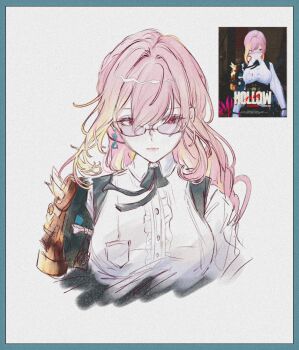 1girl armor blue_border border breasts center_frills closed_mouth commentary_request earrings frills game_screenshot_inset glasses grey_background hair_between_eyes highres hourglass_earrings jewelry large_breasts long_hair looking_over_eyewear pink_eyes pink_hair reference_inset shirt shoulder_armor single_earring solo tsukishiro_yanagi upper_body waaa00 white_shirt zenless_zone_zero