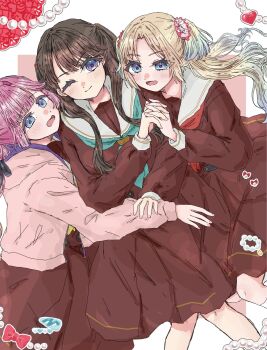 Rule 34 | 3girls, :d, ;), anyoji hime, aqua neckerchief, beads, black ribbon, blonde hair, blue eyes, blue hair, blunt sidelocks, blush, brown dress, brown hair, commentary request, curtained hair, dress, fang, flower, fujishima megumi, gradient hair, hair flower, hair ornament, hair ribbon, hasu no sora school uniform, heart, highres, holding hands, hood, hood down, hooded jacket, interlocked fingers, jacket, link! like! love live!, long hair, long sleeves, looking at viewer, love live!, medium dress, mira-cra park!, multi-tied hair, multicolored hair, multiple girls, neckerchief, one eye closed, open clothes, open jacket, open mouth, osawa rurino, parted bangs, pink background, pink flower, pink jacket, pleated dress, ponytail, purple eyes, red neckerchief, ribbon, sailor collar, sailor dress, school uniform, sidelocks, skin fang, skp1cnqfehmpasi, smile, twintails, two side up, virtual youtuber, white sailor collar, winter uniform, yellow neckerchief