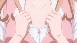 1boy 1girl animated anime_screenshot black_hair blush bra breasts buttons cleavage clothes_pull collarbone highres kawai_mona kuroiwa_medaka kuroiwa_medaka_ni_watashi_no_kawaii_ga_tsuujinai large_breasts medium_hair open_clothes open_mouth open_shirt opened_by_self pink_hair pink_vest popped_button presenting pulling_own_clothes purple_eyes school_uniform shirt sidelocks smile sound sweatdrop tagme unbuttoned unbuttoned_shirt underwear vest video white_bra white_shirt