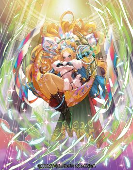 1girl artemis_(wixoss) bikini black_bikini black_gloves blue_cape blue_jacket breasts cape closed_mouth copyright_notice elbow_gloves fingerless_gloves fur-trimmed_jacket fur_trim gloves green_eyes jacket long_hair looking_at_viewer medium_breasts moreshan official_art solo swimsuit thighhighs very_long_hair wixoss yellow_thighhighs