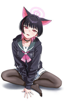 1girl :d absurdres alternate_hairstyle animal_ears black_choker black_hair black_hoodie black_pantyhose blue_archive blunt_bangs blush cat_choker cat_ears cat_girl choker colored_inner_animal_ears colored_inner_hair commentary_request extra_ears eyelashes feet full_body green_sailor_collar halo highres hood hood_down hoodie indian_style kazusa_(blue_archive) looking_at_viewer multicolored_hair neckerchief no_shoes open_mouth pantyhose pink_hair pink_halo pink_neckerchief red_eyes sailor_collar school_uniform serafuku short_hair simple_background sitting sleeves_past_wrists smile solo trinity_general_school_logo tsurime u-ho_(uhokk00) white_background wolf_cut