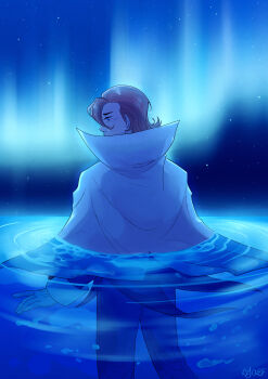 1boy absurdres aurora blue_theme brown_hair cape eusine_(pokemon) from_behind gloves highres male_focus night night_sky nintendo partially_submerged pokemon pokemon_hgss si_(aycief) signature sky solo star_(sky) wet white_cape white_gloves