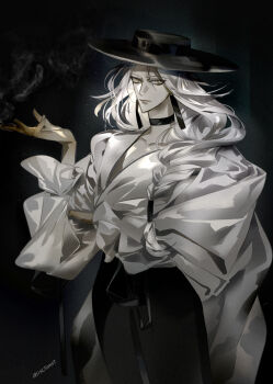 1girl absurdres artist_name black_background black_choker black_hat black_pants braid breasts choker cleavage closed_mouth collarbone cowboy_shot crossed_arms hair_over_shoulder hand_up hat highres long_hair long_sleeves medium_breasts misctaost pants parted_bangs puffy_long_sleeves puffy_sleeves queen_(to_be_hero_x) shirt single_braid solo to_be_hero to_be_hero_x white_hair white_shirt wide_brim yellow_eyes