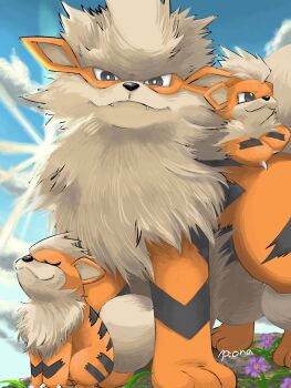 Rule 34 | :3, animal focus, arcanine, artist name, black eyes, blue sky, bright pupils, closed eyes, closed mouth, cloud, day, evolutionary line, fangs, fangs out, flower, fluffy, gen 1 pokemon, growlithe, happy, highres, looking afar, looking at viewer, neck fur, nintendo, no humans, outdoors, piora, pokemon, pokemon (creature), pokemon on back, purple flower, signature, sky, smile, sun, sunburst, sunlight, u u, white pupils