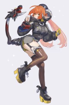 1girl asymmetrical_gloves black_horns black_shoes black_thighhighs breasts curled_horns dragon_girl dress fingerless_gloves gloves grey_background highres horns large_breasts leg_up looking_at_viewer magus_(zenless_zone_zero) mechanical_horns mechanical_tail mismatched_gloves orange_hair orange_pupils orphie_magnusson pointy_ears shoes shorts single_fingerless_glove suwa_(swk_kkk) tail thighhighs thighs yellow_gloves yellow_shorts zenless_zone_zero zipper_dress