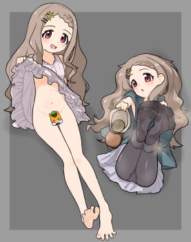 1girl aoba_kokona barefoot blush brown_hair clothes_lift dress dress_lift feet highres legs_up long_hair looking_at_viewer nairo open_mouth pantyhose parted_lips red_eyes shoes single_shoe soles steam toes unworn_shoes yama_no_susume