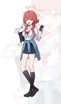1girl absurdres alternate_costume aru_(blue_archive) bag black_socks blue_archive bow bowtie brown_shoes cellphone collared_shirt demon_horns full_body halo highres holding holding_bag holding_phone horns kneehighs loafers long_hair long_sleeves looking_at_viewer okkimon open_mouth phone red_bow red_bowtie red_hair school_bag shirt shirt_tucked_in shoes simple_background skirt smartphone smile socks standing teeth upper_teeth_only v-shaped_eyebrows white_background white_shirt zoom_layer