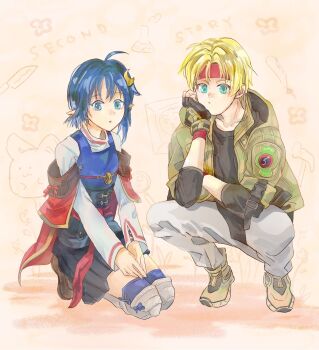 Rule 34 | 1boy, 1girl, ahoge, blonde hair, blue eyes, blue hair, cape, claude c. kenny, crescent, crescent hair ornament, fingerless gloves, full body, gloves, hair ornament, headband, highres, jacket, looking at viewer, mm1e, pointy ears, red cape, rena lanford, short hair, skirt, star ocean, star ocean: the second story