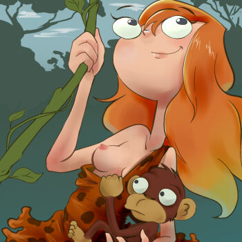 1girl animal animal_print black_eyes blush breasts candace_flynn clothes_pull cloud collarbone disney dress dress_pull leopard_print long_hair looking_up monkey nipples oira_wa_arumajiro orange_dress orange_hair phineas_and_ferb plant print_dress pulling_another's_clothes sky small_breasts smile swinging tree tribal vines