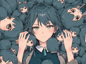 1girl blush character_doll chibigurumi coat doll gakuen_idolmaster green_eyes green_hair green_shirt grey_coat hair_flaps highres idolmaster looking_at_viewer lying on_back shirt solo surrounded too_many_dolls tsukimura_temari upper_body yukitake_(xuserpost)