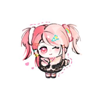 Rule 34 | 1girl, bead necklace, beads, black jacket, black shoes, black skirt, chibi, chinese commentary, closed mouth, collared jacket, collared shirt, commentary request, dotted line, ear piercing, earrings, eyelashes, fengmi youzi hua, fur-trimmed jacket, fur-trimmed sleeves, fur trim, gyaru, hair ornament, hair scrunchie, hairclip, hand on own chest, happy, heart, heart hair ornament, highres, infinity nikki, jacket, jewelry, leg warmers, light blush, long hair, long sleeves, looking at viewer, miniskirt, multicolored hair, necklace, nikki (series), one eye closed, parallel hairclips, piercing, pink eyes, pink hair, pink leg warmers, pink scrunchie, pink shirt, rainbow hair ornament, ribbon, ribbon earrings, rosie sweetheart (infinity nikki), scrunchie, shirt, shoes, simple background, single earring, skirt, smile, solo, split-color hair, two side up, very long hair, white background, white scrunchie, wrist scrunchie, x hair ornament, y2k fashion, yellow ribbon