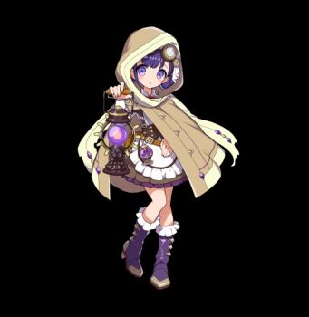 1girl :o apron belt black_background blush boots brown_belt brown_cloak cloak collar dorothy_(merc_storia) double_bun dress full_body hair_bun holding holding_lantern hood hooded_cloak knee_boots lantern merc_storia merc_storia_art_team official_art purple_boots purple_eyes purple_hair short_dress simple_background single_sidelock solo standing tachi-e underbust waist_apron white_apron white_collar white_dress