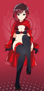 1girl breasts cape cleavage gloves grey_eyes high_heels highres large_breasts lingerie r3dfive ruby_rose rwby short_hair solo thighhighs thighs underwear underwear_only