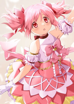 1girl arm_up bare_shoulders bow bubble_skirt chest_bow child choker detached_sleeves dress frilled_dress frills gloves highres kaname_madoka kaname_madoka_(magical_girl) layered_dress light_blush looking_up magical_girl mahou_shoujo_madoka_magica mahou_shoujo_madoka_magica_(anime) open_mouth pink_bow pink_dress pink_hair puffy_detached_sleeves puffy_sleeves red_choker red_eyes rikopin short_hair short_twintails simple_background skirt sleeveless sleeveless_dress solo soul_gem twintails white_gloves yellow_background
