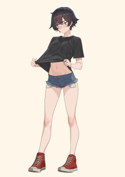 1girl absurdres black_hair black_shirt blue_eyes blush borrowed_character closed_mouth commentary denim denim_shorts english_commentary full_body highres kuso_otoko looking_to_the_side navel original pulling_own_clothes red_shoes shirt shoes short_hair short_sleeves shorts solo standing t-shirt tomboy uragoner
