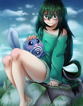1girl animal animal_on_lap asui_tsuyu barefoot black_eyes blush boku_no_hero_academia cloud commentary day english_commentary gen_1_pokemon green_shirt hair_between_eyes jennipuff long_hair long_sleeves moss nintendo on_lap on_rock outdoors pokemon pokemon_(creature) poliwag shirt sitting smile very_long_hair