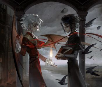 0212tu 2boys backlighting bird black_capelet black_hair black_robe blue_eyes book capelet closed_eyes cloud cloudy_sky crow demon_wings feathers fire frilled_sleeves frills frown grey_sky highres holding holding_book holding_eyeball identity_v lake looking_back makeup male_focus multicolored_hair multiple_boys pale_skin pillar profile red_capelet red_eyes red_robe robe runny_makeup sky smile surreal two-tone_hair veins victor_grantz victor_grantz_(herald) victor_grantz_(the_embrace) white_hair white_streaks wings