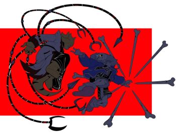 1boy 1girl alphys artsyrean blue_jacket bone colored_skin fighting glowing glowing_eye glowing_eyes grin jacket mechanical_tentacles midair pink_slippers pointing red_background reptile_girl sans_(undertale) simple_background skeleton slippers smile undertale utdr_(toby_fox) yellow_skin