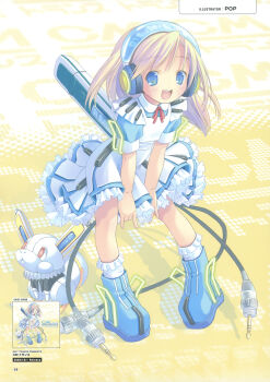 1girl 2000s_(style) absurdres blonde_hair blue_eyes boots cable child cyber_fashion dress exit_trance exit_tunes full_body headphones highres looking_at_viewer mecha_musume medium_hair non-humanoid_robot official_art original pop_(electromagneticwave) robot robot_animal scan solo standing third-party_source white_dress