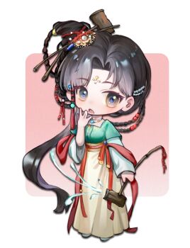 1girl :o absurdres banbi black_eyes black_hair chibi chinese_clothes chinese_hairpin dipper eya_(athas) facial_mark forehead_mark full_body green_shirt hair_bun hair_ornament hand_to_own_mouth hand_up hanfu high-waist_skirt highres holding holding_spoon jiu_niangzi layered_sleeves liquid long_hair long_skirt long_sleeves looking_at_viewer red_background red_shawl reverse:1999 shawl shirt short_over_long_sleeves short_sleeves single_side_bun skirt solo spilling spoon standing tassel tassel_hair_ornament two-tone_background yellow_skirt
