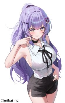 Rule 34 | 1girl, absurdres, armpits, bare arms, bare shoulders, black choker, black shorts, breasts, chainsaw man, choker, collared shirt, commentary request, cosplay, cowboy shot, grenade pin, grin, hair ornament, hairclip, heart, heart hair ornament, highres, large breasts, long hair, looking at viewer, mixed-language commentary, mole, mole under eye, multicolored eyes, neck ribbon, ponytail, pulling own clothes, purple eyes, purple hair, re:act, reze (chainsaw man), reze (chainsaw man) (cosplay), ribbon, seiroku kira, shirt, shirt tucked in, short shorts, shorts, simple background, sleeveless, sleeveless shirt, smile, solo, suisen (suisenhwa), thighs, two-tone eyes, very long hair, virtual youtuber, white background, white shirt, yellow eyes