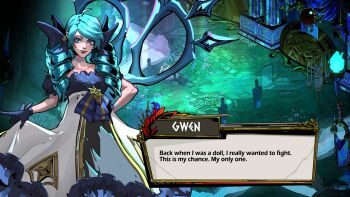 1girl ahoge black_bow black_gloves bow collarbone dress drill_hair english_text feet_out_of_frame gloves green_eyes green_hair gwen_(league_of_legends) hades_(series) hair_bow jjolee league_of_legends long_hair smile solo twin_drills twintails white_dress