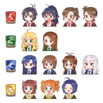 Rule 34 | 6+girls, absurdres, ahoge, akizuki ritsuko, amami haruka, antenna hair, black eyes, black hair, black robe, blonde hair, blue eyes, blue hair, blue necktie, braid, brown eyes, brown hair, chiwawa174, closed eyes, closed mouth, collared shirt, curtained hair, diagonal-striped clothes, diagonal-striped necktie, fang, futami ami, futami mami, ganaha hibiki, glasses, green eyes, green necktie, grey hair, grin, gryffindor, hagiwara yukiho, hair intakes, hair ribbon, harry potter (series), highres, hogwarts school uniform, hoshii miki, hufflepuff, idolmaster, idolmaster (classic), kikuchi makoto, kisaragi chihaya, long hair, minase iori, miura azusa, multiple girls, necktie, no hairband, open mouth, orange hair, ponytail, purple eyes, ravenclaw, red necktie, red ribbon, revision, ribbon, robe, school uniform, semi-rimless eyewear, shijou takane, shirt, short hair, side ponytail, simple background, slytherin, smile, striped clothes, takatsuki yayoi, twin braids, twintails, under-rim eyewear, white background, wizarding world, yellow necktie