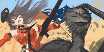 >_< absurdres australian_flag beret black_hat brown_hair commentary detached_sleeves emu english_commentary gun hat highres jujutsu_kaisen long_hair meme myticalcat naoya_hitting_choso_without_looking_(meme) open_mouth original outdoors red_shirt shirt soldier weapon