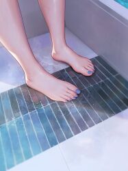 Rule 34 | 1girl, barefoot, bathroom, bathtub, blue nails, feet, feet only, foot focus, indoors, nail polish, original, out of frame, qizhu, shadow, solo, standing, toenail polish, toenails, toes